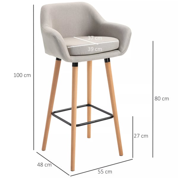 HOMCOM barstol 2-stks sæt, komfortabel barstol i hør med sædehynde, køkkenstol, bistrostol med fodstøtter, ben i bøgetræ, beige
