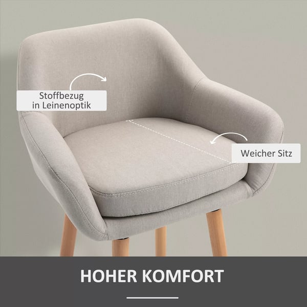 HOMCOM barstol 2-stks sæt, komfortabel barstol i hør med sædehynde, køkkenstol, bistrostol med fodstøtter, ben i bøgetræ, beige