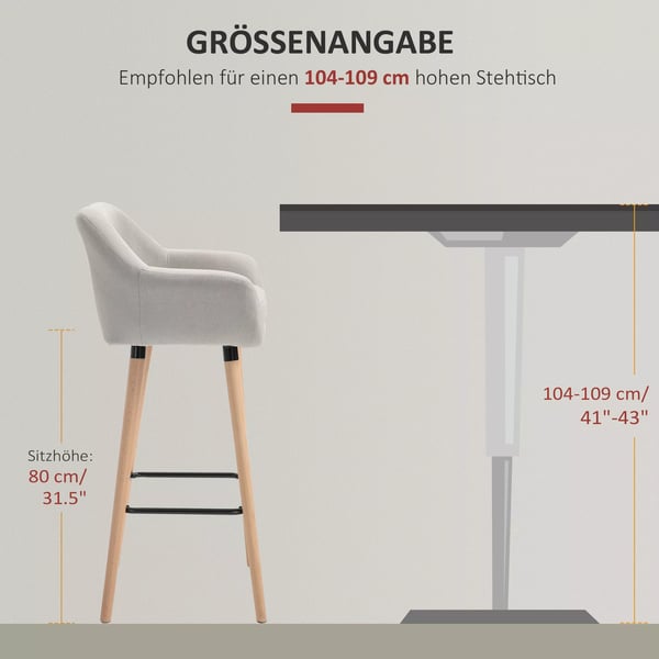 HOMCOM barstol 2-stks sæt, komfortabel barstol i hør med sædehynde, køkkenstol, bistrostol med fodstøtter, ben i bøgetræ, beige