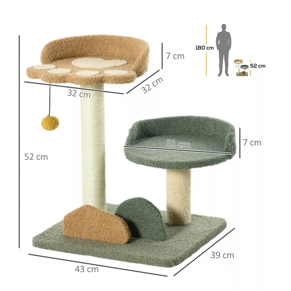 PawHut kradsetræ 52 cm, 2 Niveauer, Legetøjsbold, Sisal, Grøn/Brun/Beige