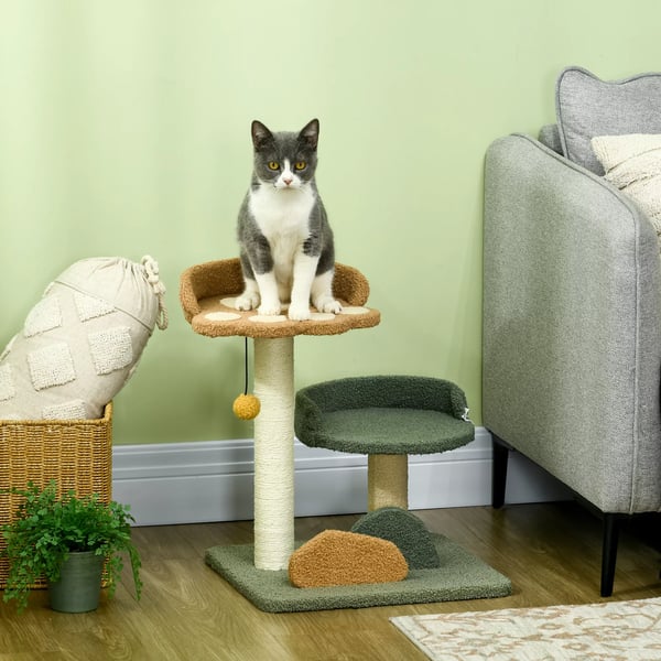 PawHut kradsetræ 52 cm, 2 Niveauer, Legetøjsbold, Sisal, Grøn/Brun/Beige