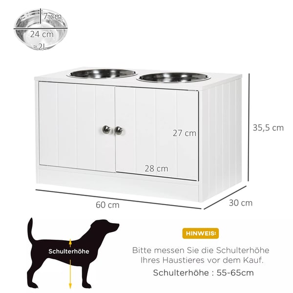PawHut Hævet Foderstation i Rustfrit Stål til Hunde og Katte, Hvid, 2 Skåle, Opbevaring 44L