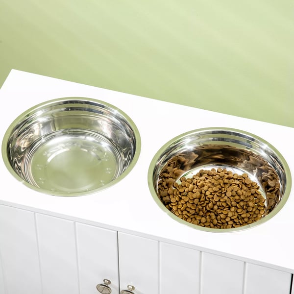 PawHut Hævet Foderstation i Rustfrit Stål til Hunde og Katte, Hvid, 2 Skåle, Opbevaring 44L