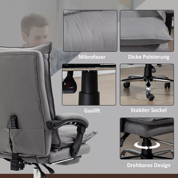 Vinsetto Ergonomisk Kontorstol med Massage og Varme - Mikrofiber, Grå