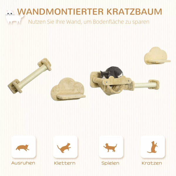 PawHut Vægsmonteret Kattesession med 5 Dele: Klatrestativ, Kradsetræer, Platforme, Hængekøje, Beige