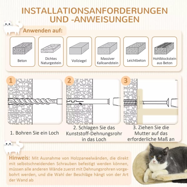 PawHut Vægsmonteret Kattesession med 5 Dele: Klatrestativ, Kradsetræer, Platforme, Hængekøje, Beige