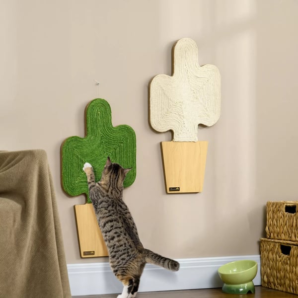 PawHut Klösmattor för katter, 2-pack, kaktusdesign med juterep och krok, ek/vit/grön, 30x60cm