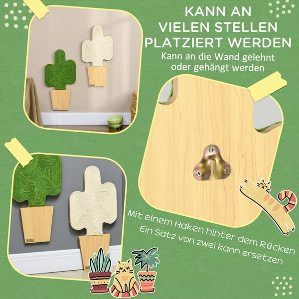 PawHut Klösmattor för katter, 2-pack, kaktusdesign med juterep och krok, ek/vit/grön, 30x60cm