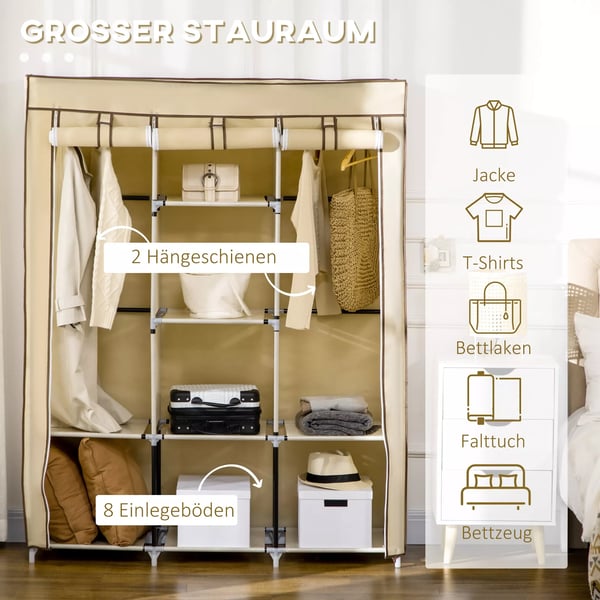 HOMCOM Klapskab med bøjlestænger, 8 hylder, stof, beige, 125x43x162,5cm