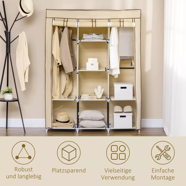 HOMCOM Klapskab med bøjlestænger, 8 hylder, stof, beige, 125x43x162,5cm