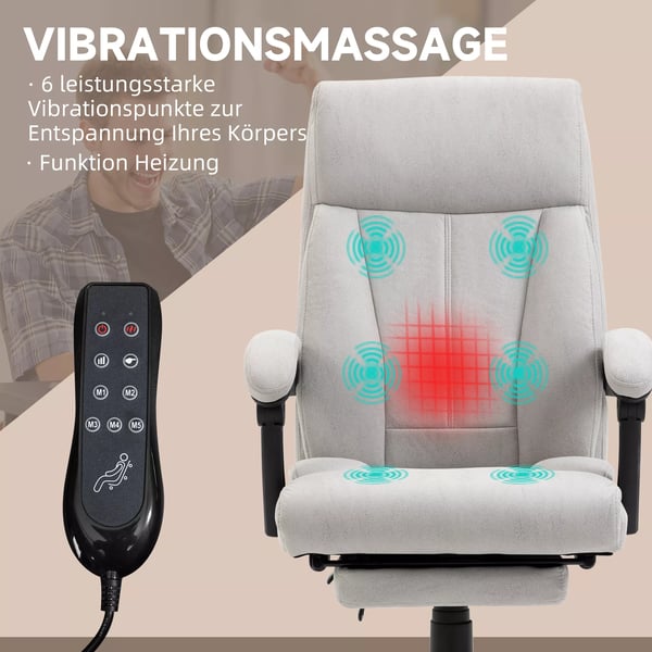 Vinsetto kontorstol med massage og varmefunktion, lysegrå polyester og stål, 111-119 cm justerbar højde