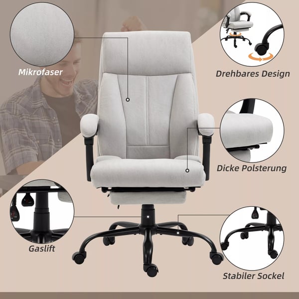 Vinsetto kontorstol med massage og varmefunktion, lysegrå polyester og stål, 111-119 cm justerbar højde