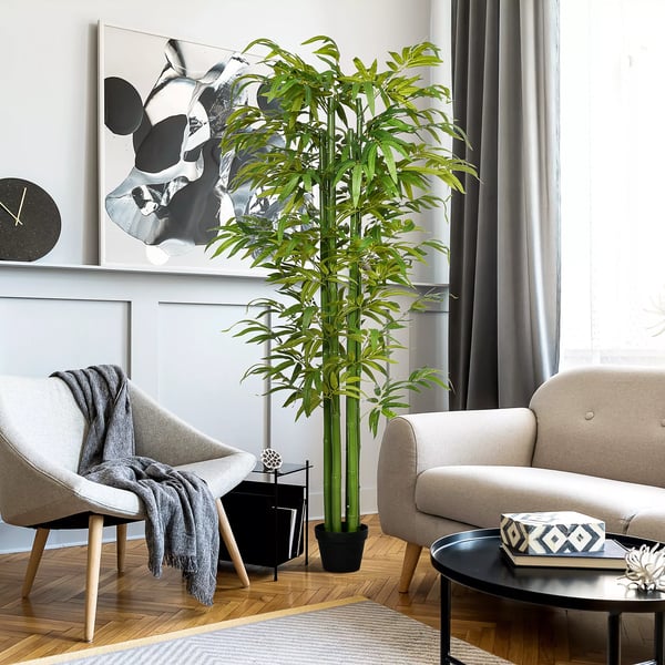 HOMCOM Konstgjord Bambuväxt 180 cm - Grön Polyester, Bambu, Plast, Cement