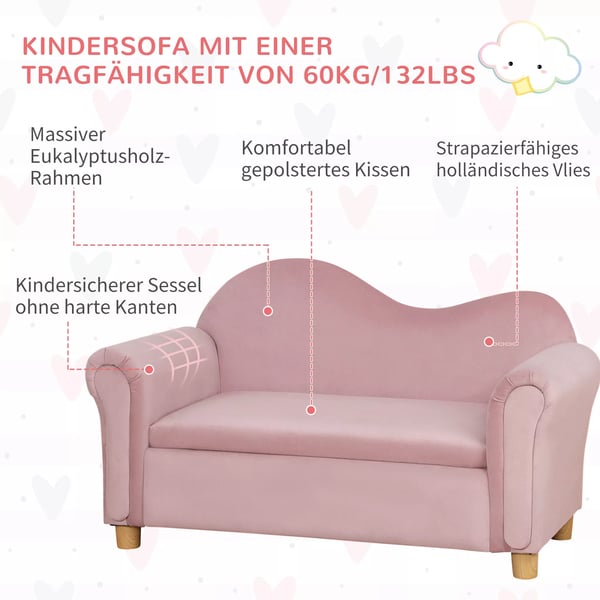 HOMCOM børnesofa med opbevaring lyserød fleece to-personers 3-5 år 84x41,5x48,5cm