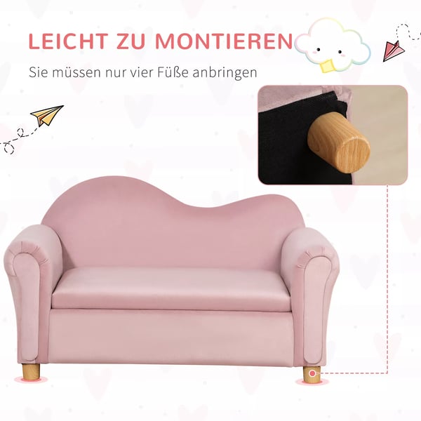 HOMCOM børnesofa med opbevaring lyserød fleece to-personers 3-5 år 84x41,5x48,5cm