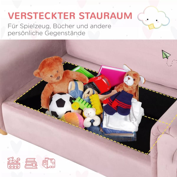 HOMCOM børnesofa med opbevaring lyserød fleece to-personers 3-5 år 84x41,5x48,5cm