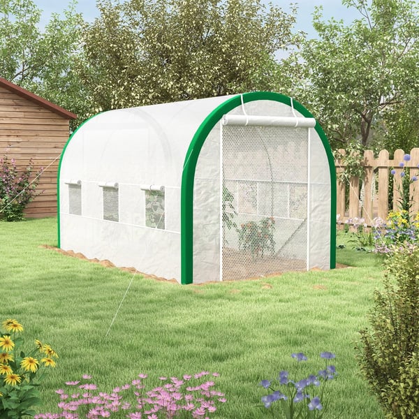 Outsunny foliedrivhus 3,58 x 2,1 x 2,1 m tunneldrivhus med rulledør til have, altan, galvaniseret stål, hvid
