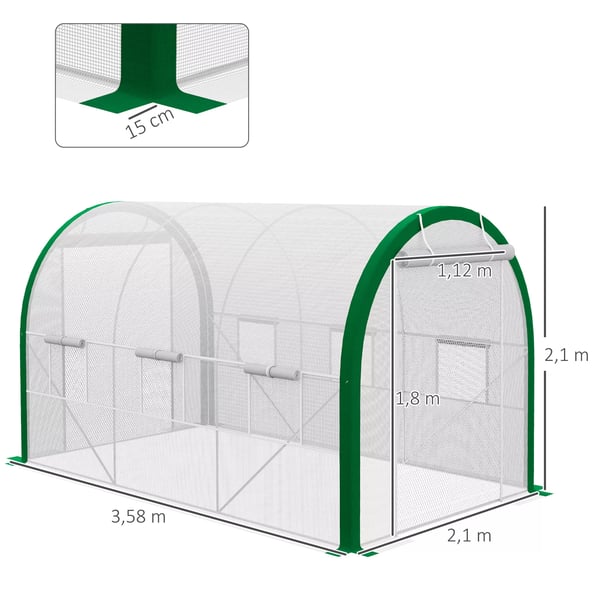 Outsunny foliedrivhus 3,58 x 2,1 x 2,1 m tunneldrivhus med rulledør til have, altan, galvaniseret stål, hvid