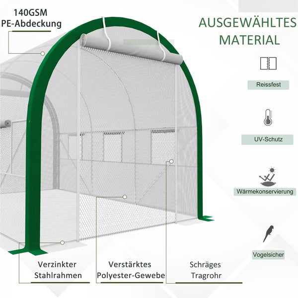 Outsunny foliedrivhus 3,58 x 2,1 x 2,1 m tunneldrivhus med rulledør til have, altan, galvaniseret stål, hvid