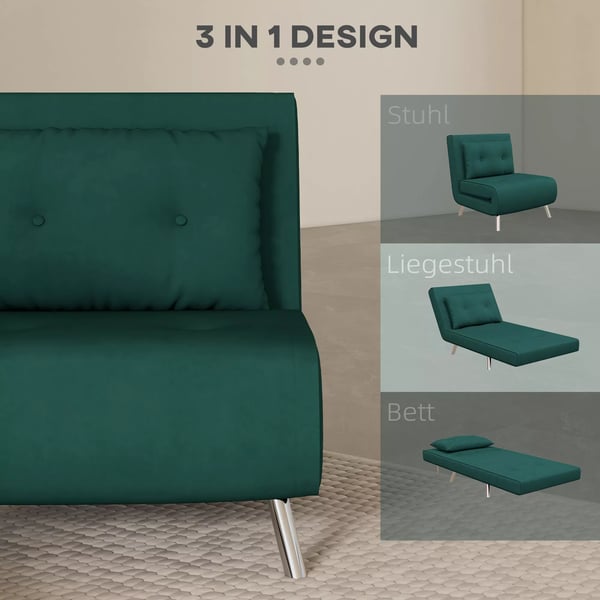 HOMCOM Klapseng 3-i-1 Loungestol m. Pude, Mørkegrøn Polyester/Stål 77x88x83 cm