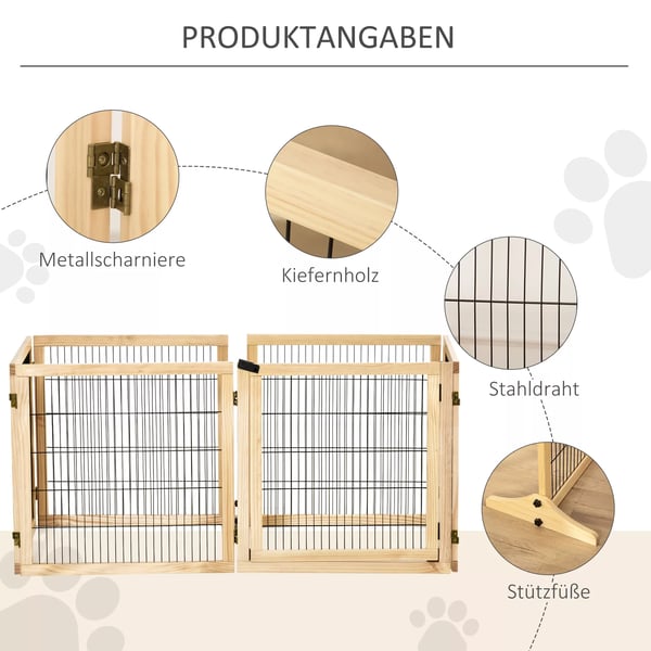PawHut Sikkerhedsgitter i Fyrretræ Natur. Justerbart og Foldbart Hundegitter til Døre og T.o.m. 48cm Hundehøjde. 432x36x70cm