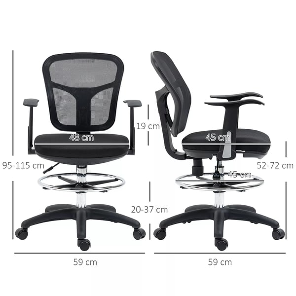 Ergonomisk Ritstol/Kontorsstol - Svart Mesh, Justerbar Höjd & Fotstöd, Fällbara Armstöd - Bekväm Datorsits