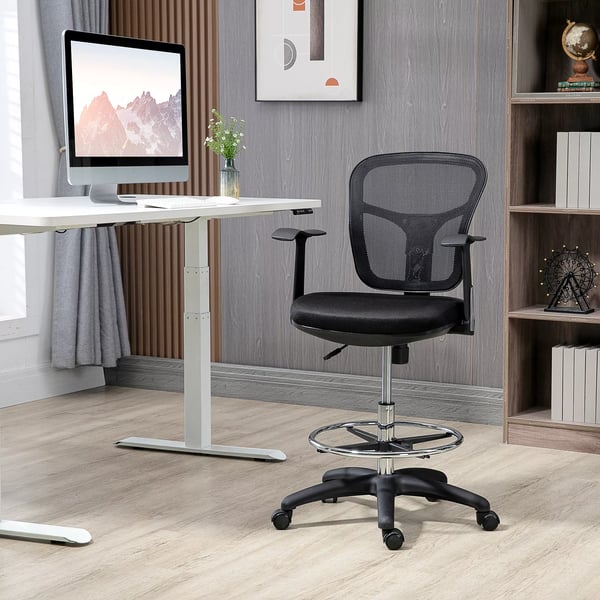 Ergonomisk Ritstol/Kontorsstol - Svart Mesh, Justerbar Höjd & Fotstöd, Fällbara Armstöd - Bekväm Datorsits