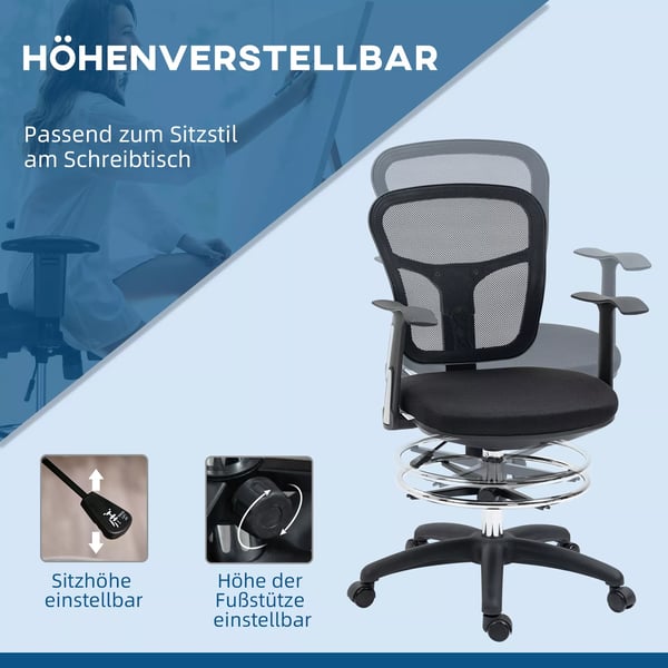 Ergonomisk Ritstol/Kontorsstol - Svart Mesh, Justerbar Höjd & Fotstöd, Fällbara Armstöd - Bekväm Datorsits