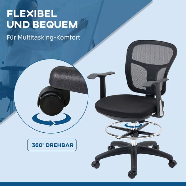 Ergonomisk Ritstol/Kontorsstol - Svart Mesh, Justerbar Höjd & Fotstöd, Fällbara Armstöd - Bekväm Datorsits