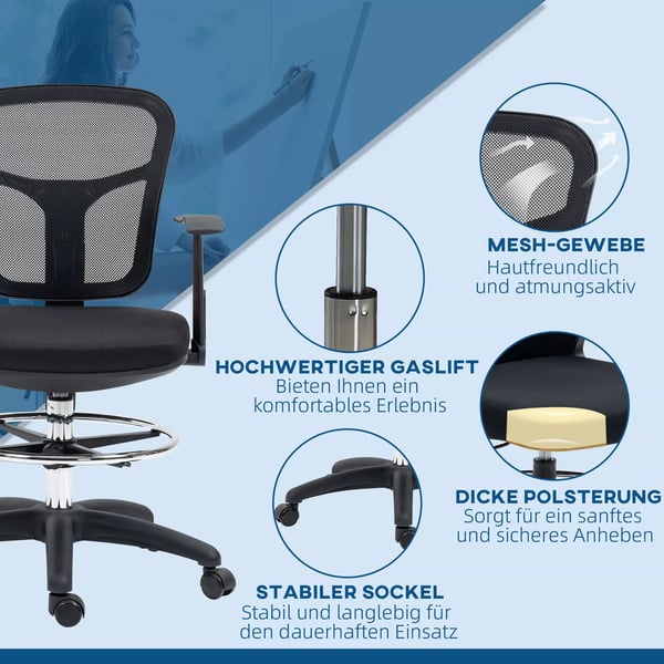 Ergonomisk Ritstol/Kontorsstol - Svart Mesh, Justerbar Höjd & Fotstöd, Fällbara Armstöd - Bekväm Datorsits