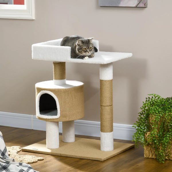 PawHut Kradsetre 79 cm til Katte med Hule og Liggeflade, Jute, Brun/Hvid