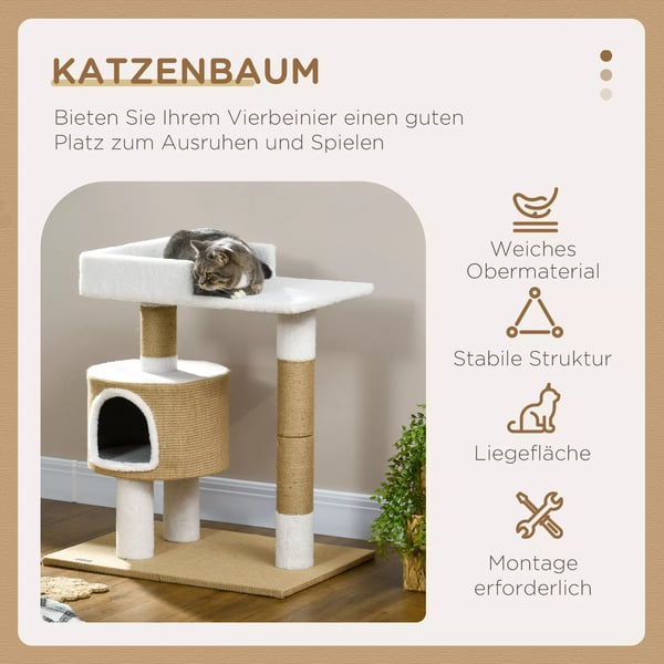 PawHut Kradsetre 79 cm til Katte med Hule og Liggeflade, Jute, Brun/Hvid
