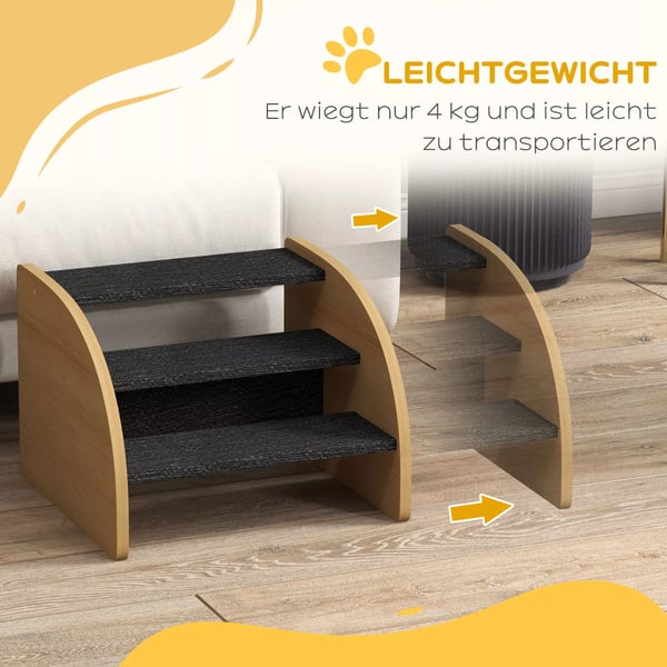 PawHut Hundetrappe 3 Trin - Kæledyrstrappe til Hunde og Katte, Eg/Sort, Spånplade, Polyester, Skridsikker, op til 10 kg