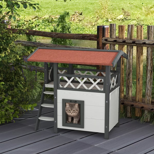 PawHut Katthus i Gran, 2-v%C3%%A5nings, Vit/R%C3%B6d, 77x50x73 cm