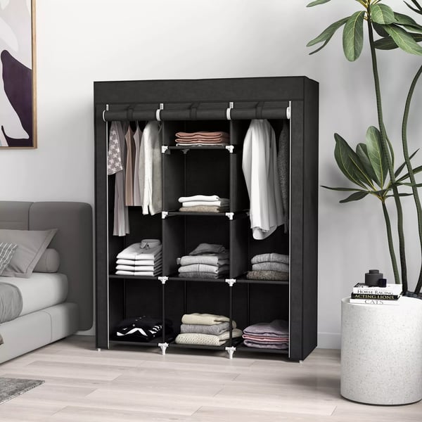 HOMCOM Stort Stofskab med Bøjlestang og 8 Hylder - Sort - 125x43x162,5 cm