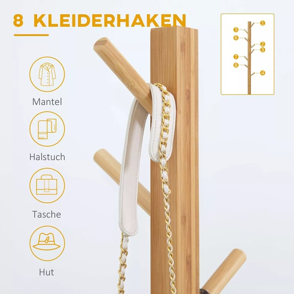 Garderobestativ i Bambus med 8 Kroge, Natur - 49,5x49,5x178cm