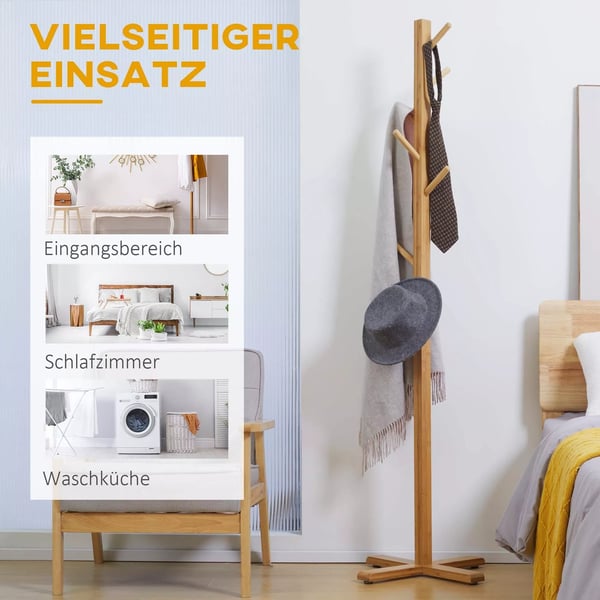 Garderobestativ i Bambus med 8 Kroge, Natur - 49,5x49,5x178cm