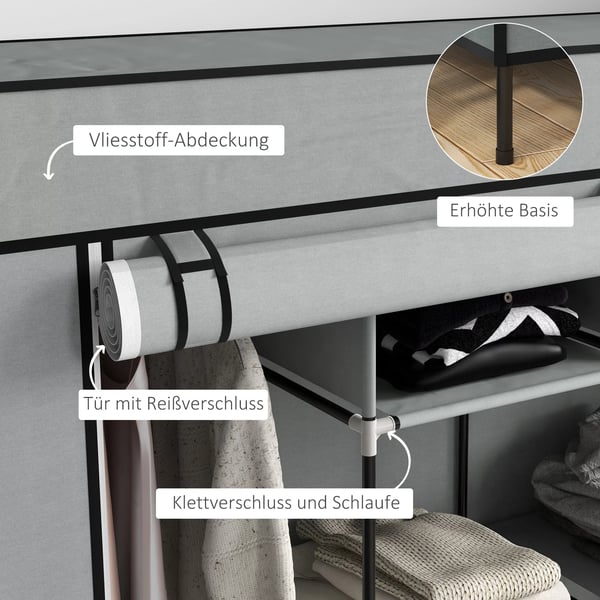 HOMCOM stofskab klædeskab med bøjlestang, 10 rum, 4 skuffer, garderobe i fleece-look, mørkegrå