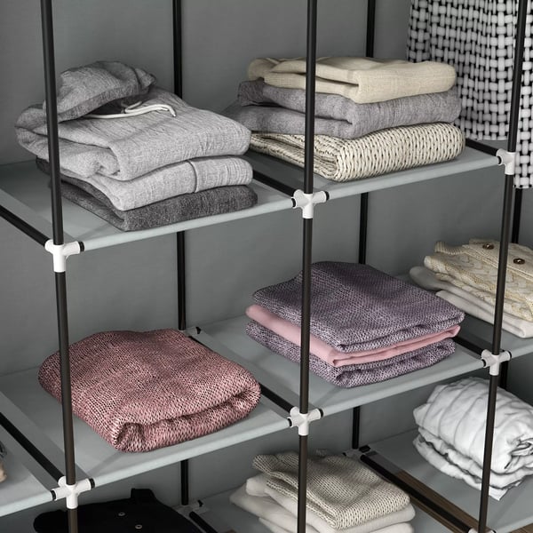 HOMCOM stofskab klædeskab med bøjlestang, 10 rum, 4 skuffer, garderobe i fleece-look, mørkegrå