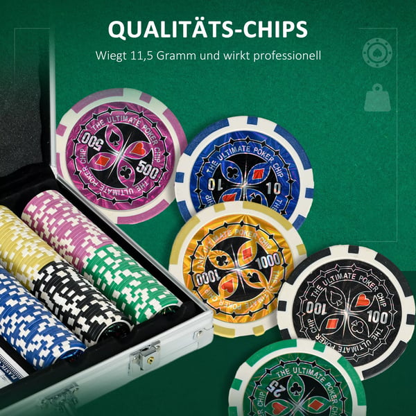 SPORTNOW Pokerkuffert sæt 300 jetoner 11,5g komplet pokersæt lås 2 spil kort 5 terninger dealer blind buttons sølv