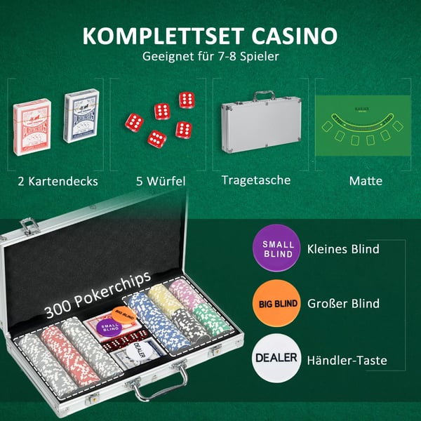 SPORTNOW Pokerkuffert sæt 300 jetoner 11,5g komplet pokersæt lås 2 spil kort 5 terninger dealer blind buttons sølv
