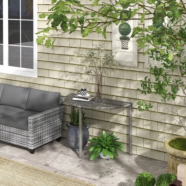 Outsunny altanbord have-sidebord bord havemøbler halvcirkelformet polyrattan metal grå 100 x 50 x 74 cm