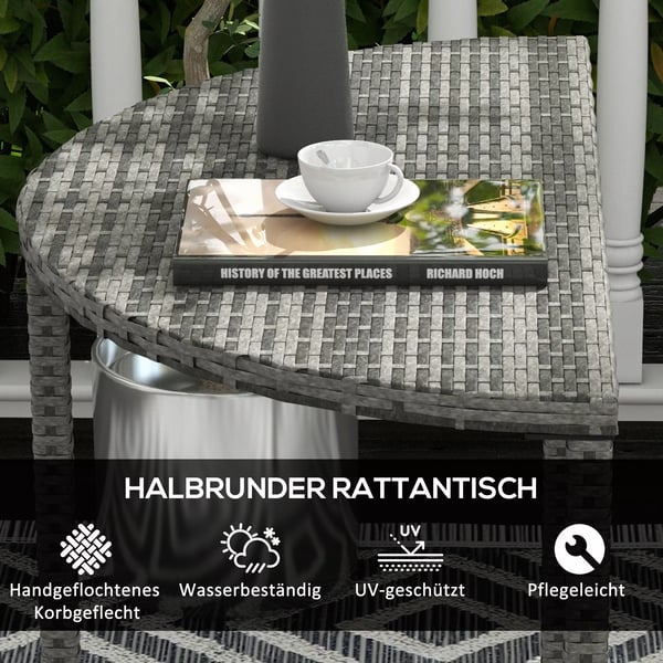 Outsunny altanbord have-sidebord bord havemøbler halvcirkelformet polyrattan metal grå 100 x 50 x 74 cm