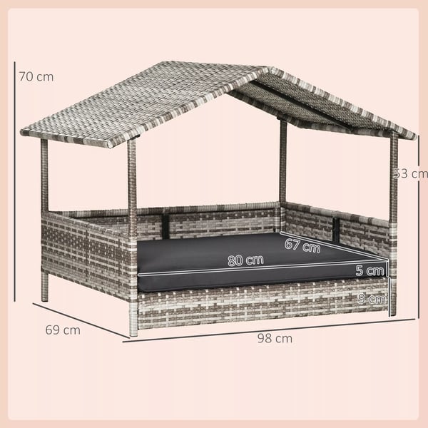 PawHut Hundehus i PE Rattan med Pude - Grå Husformet Seng til Hunde & Katte - Udendørs/Indendørs - 69x98x70 cm