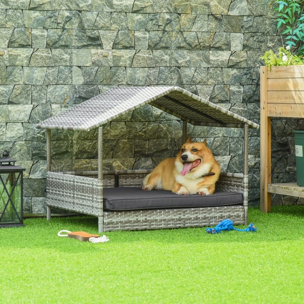 PawHut Hundehus i PE Rattan med Pude - Grå Husformet Seng til Hunde & Katte - Udendørs/Indendørs - 69x98x70 cm
