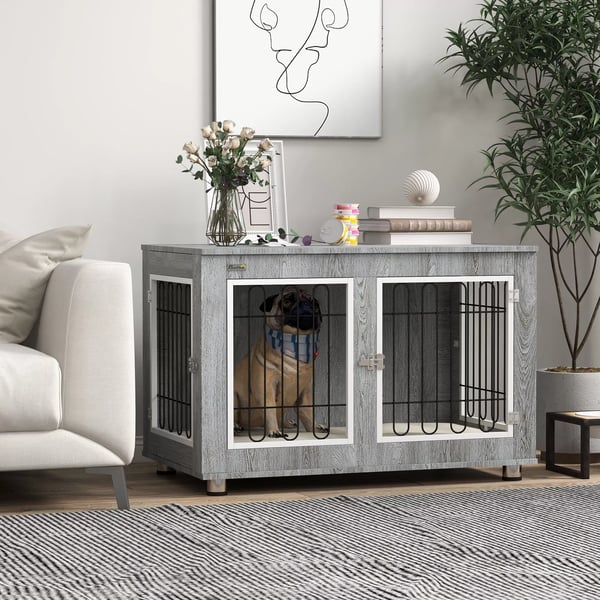 PawHut Hundebur med Pude, 2 Døre, Lysebrun, Spånplade & Oxford-Stof, 90x58x65cm