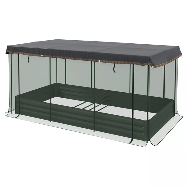 Outsunny upphöjd odlingsbädd i stål med fågelskyddsnät, mörkgrå trädgårdsbädd för balkong och terrass, solskydd, 230x110x110 cm