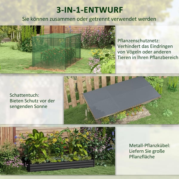 Outsunny højbed af stål med fuglenet, mørkegråt havebed til altan og terrasse, solafskærmning, 230x110x110 cm
