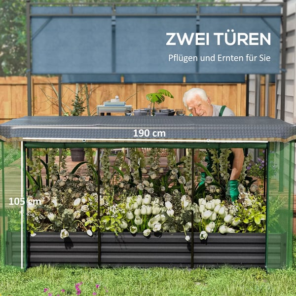 Outsunny højbed af stål med fuglenet, mørkegråt havebed til altan og terrasse, solafskærmning, 230x110x110 cm