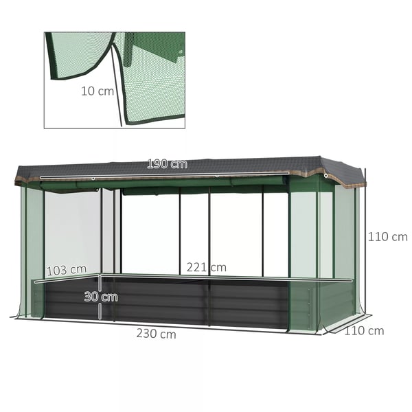 Outsunny højbed af stål med fuglenet, mørkegråt havebed til altan og terrasse, solafskærmning, 230x110x110 cm